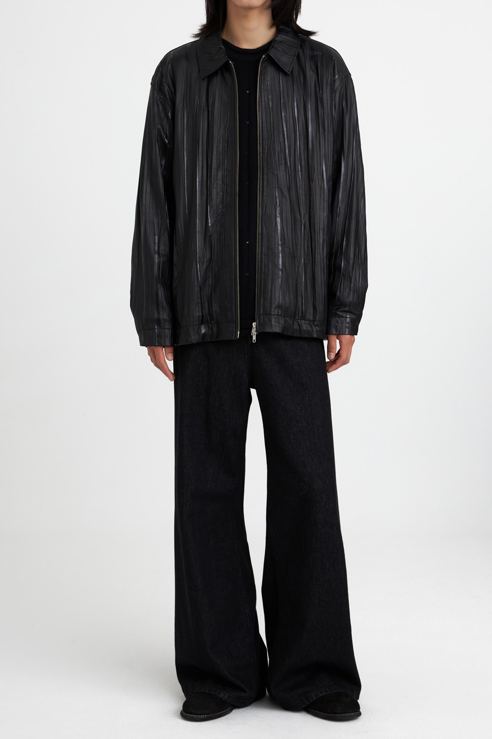 Oversized Leather Zip-up Collar Jacket_Black